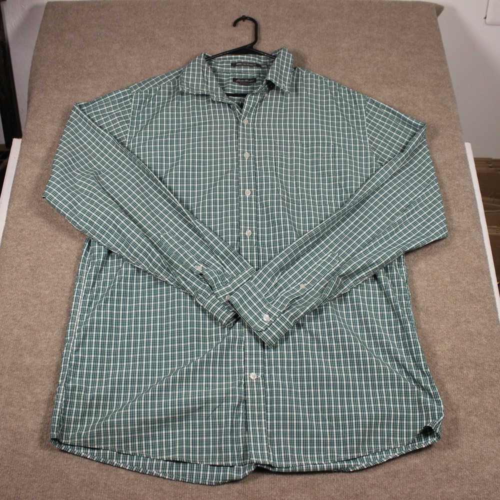 Eddie Bauer Mens TXL Green Plaid Long Sleeve Wrinkle Free Relaxed Fit Shirt